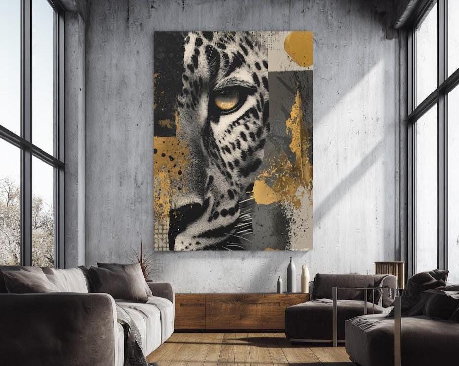 Leopard Canvas Print | Gold Accents Wildlife Artwork, Modern Home Decor — Poster wall art