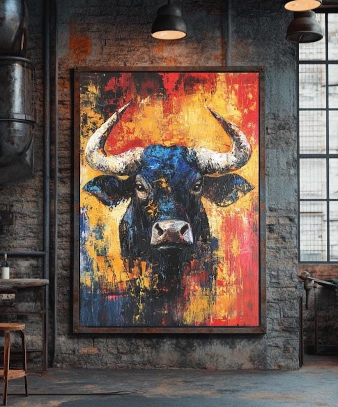 Abstract Bull Canvas Print | Colorful Animal Wall Art, Modern Farmhouse Decor — Poster wall art