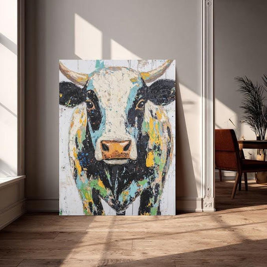 Colorful Cow Portrait Print, Farmhouse Animal Wall Art, Rustic Home Decor — Poster wall art