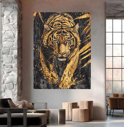 Prowling Tiger Canvas Wall Art, Dark Moody Gold Leaf Predator Print for Executive Office or Luxury Man Cave — Framed Print
