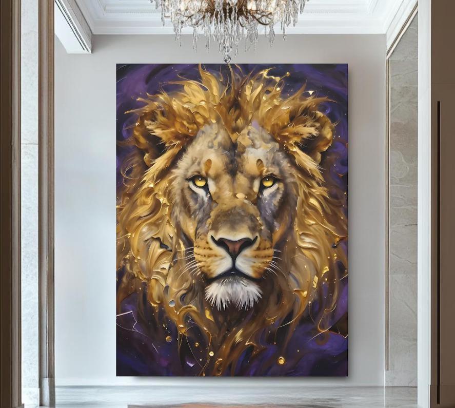 Gold Lion Wall Art, Regal Safari Canvas Print or Poster for Masculine Office Decor — Poster wall art