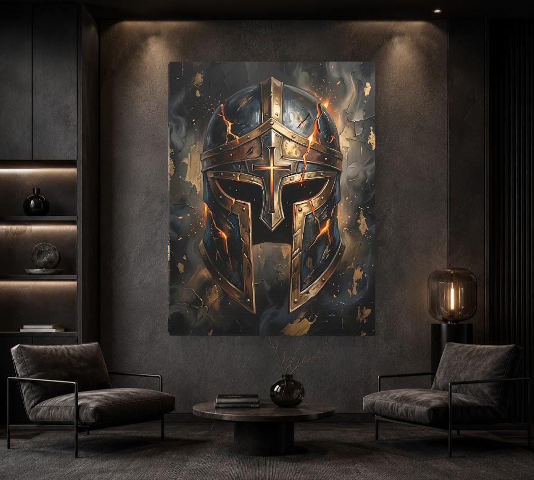Armor of God Canvas Wall Art, Christian Warrior Helmet Print for Masculine Faith Office or Man Cave — Framed Print wall art