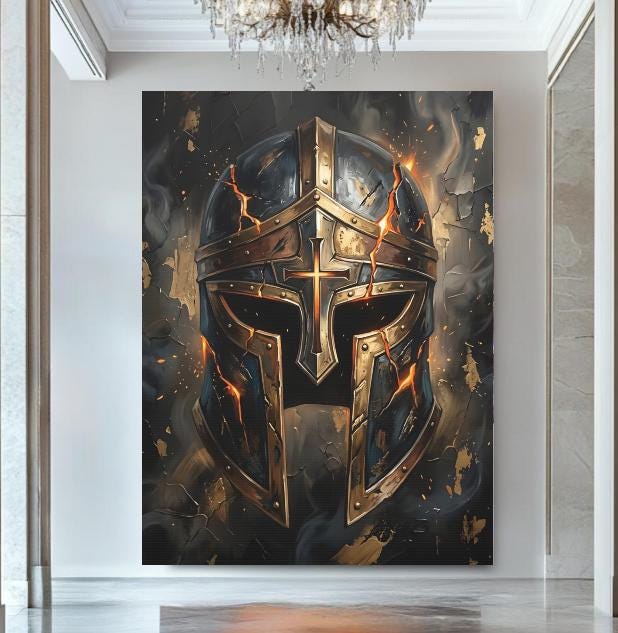 Armor of God Canvas Wall Art, Christian Warrior Helmet Print for Masculine Faith Office or Man Cave — Framed Print wall art