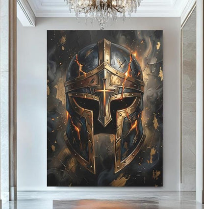 Armor of God Canvas Wall Art, Christian Warrior Helmet Print for Masculine Faith Office or Man Cave — Framed Print wall art