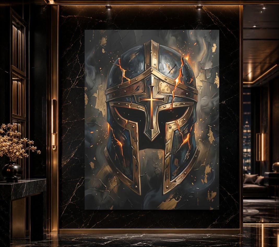 Armor of God Canvas Wall Art, Christian Warrior Helmet Print for Masculine Faith Office or Man Cave — Framed Print wall art