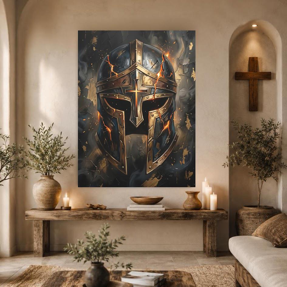 Armor of God Canvas Wall Art, Christian Warrior Helmet Print for Masculine Faith Office or Man Cave — Framed Print wall art