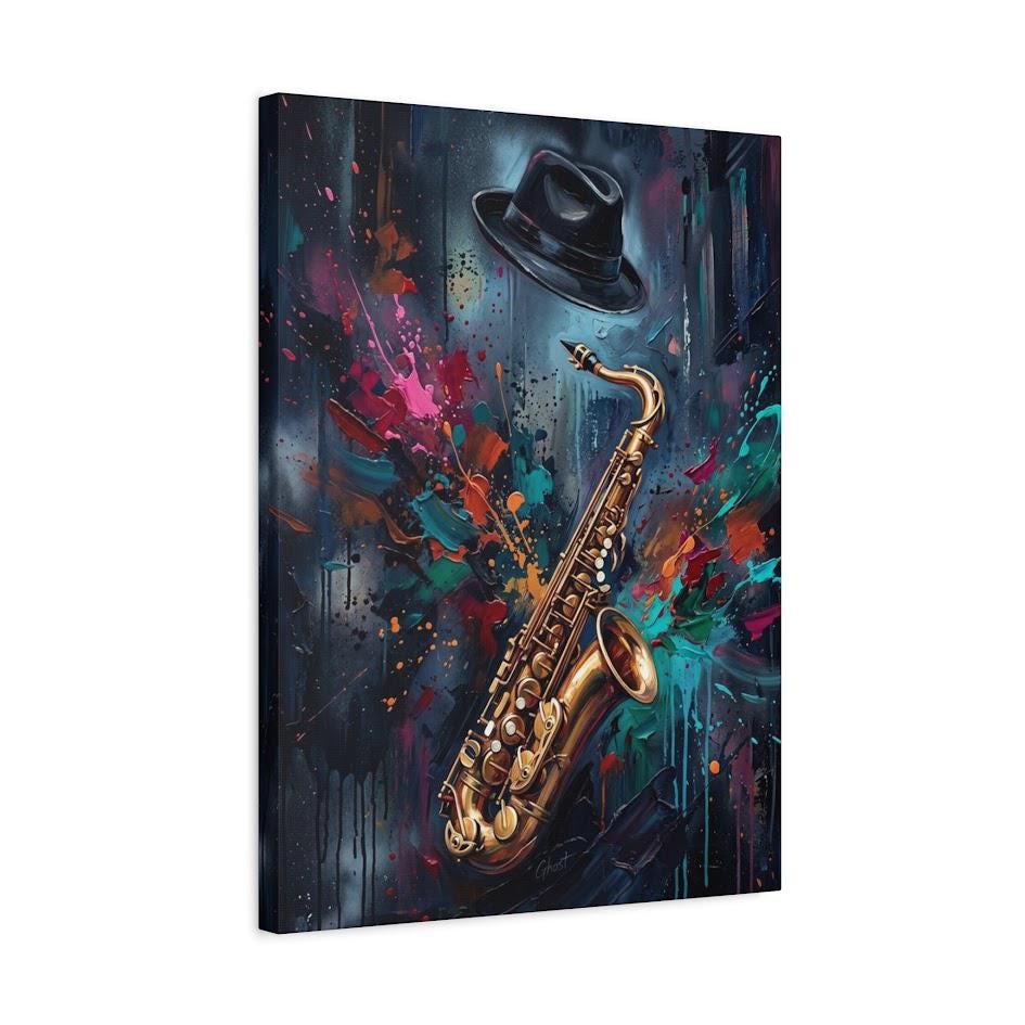 Jazz Saxophone Canvas Wall Art, Colorful Abstract Music Print for Home Bar or Lounge — Canvas wall art