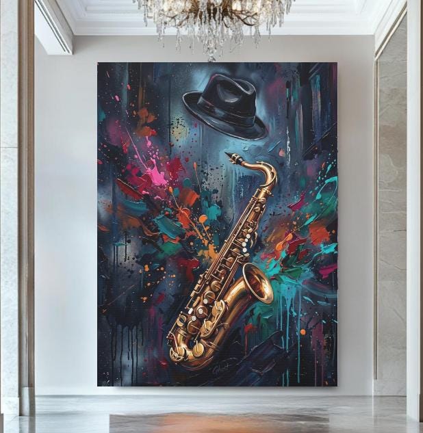 Jazz Saxophone Canvas Wall Art, Colorful Abstract Music Print for Home Bar or Lounge — Framed Print wall art