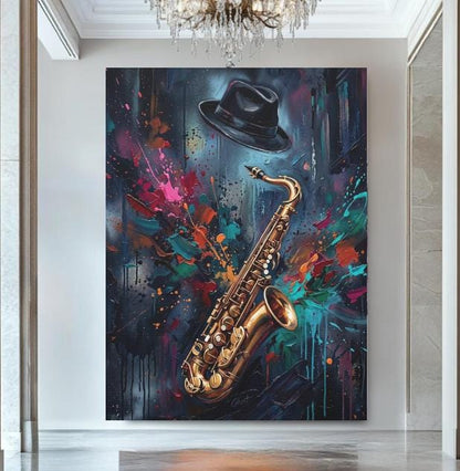 Jazz Saxophone Canvas Wall Art, Colorful Abstract Music Print for Home Bar or Lounge — Framed Print wall art