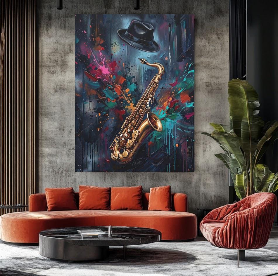 Jazz Saxophone Canvas Wall Art, Colorful Abstract Music Print for Home Bar or Lounge — Framed Print wall art