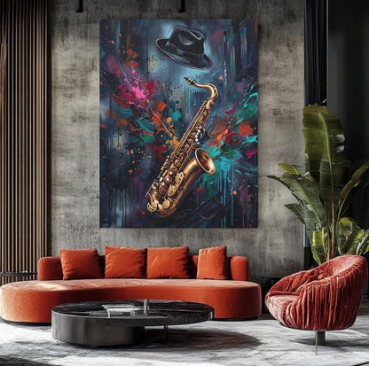 Jazz Saxophone Canvas Wall Art, Colorful Abstract Music Print for Home Bar or Lounge — Framed Print wall art