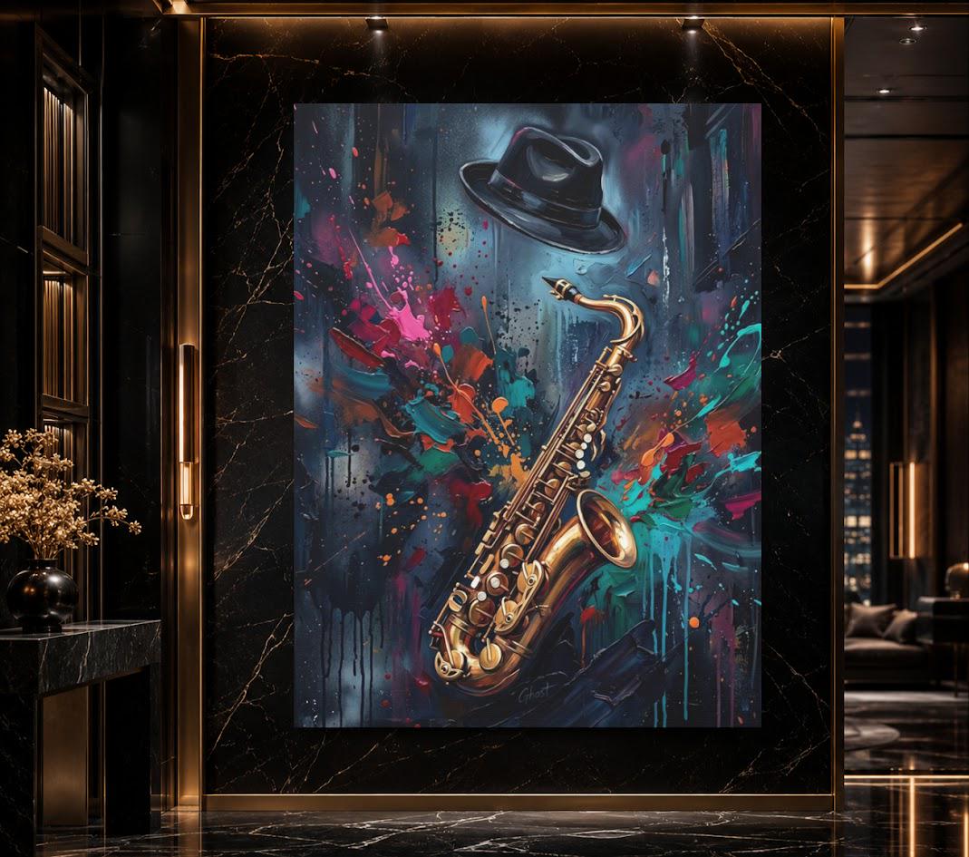 Jazz Saxophone Canvas Wall Art, Colorful Abstract Music Print for Home Bar or Lounge — Framed Print wall art
