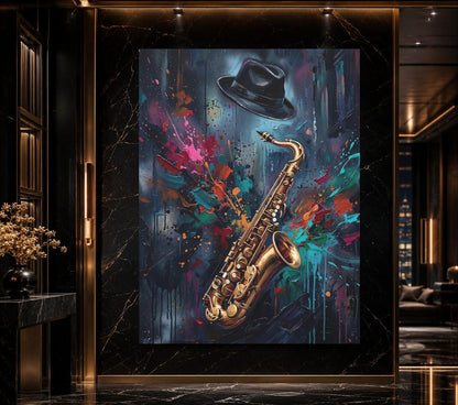 Jazz Saxophone Canvas Wall Art, Colorful Abstract Music Print for Home Bar or Lounge — Framed Print wall art