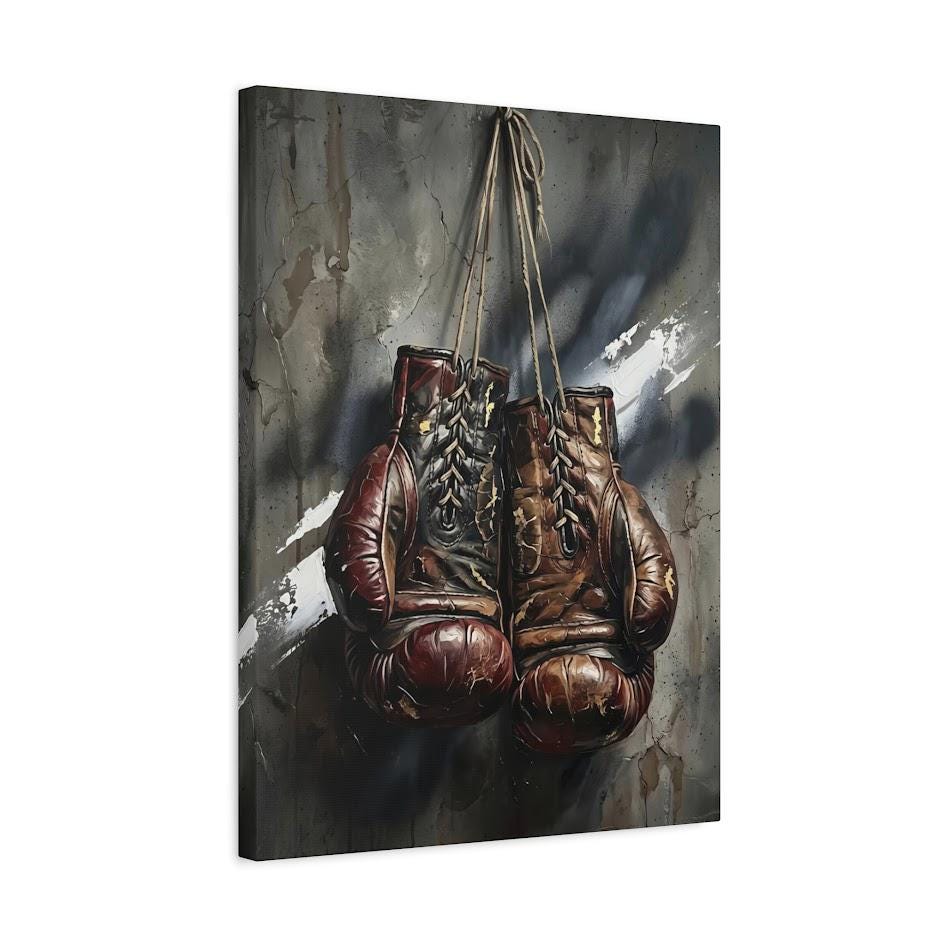 Vintage Boxing Gloves Wall Art, Dark Fighter Canvas Print, Man Cave Sports Artwork — Canvas wall art