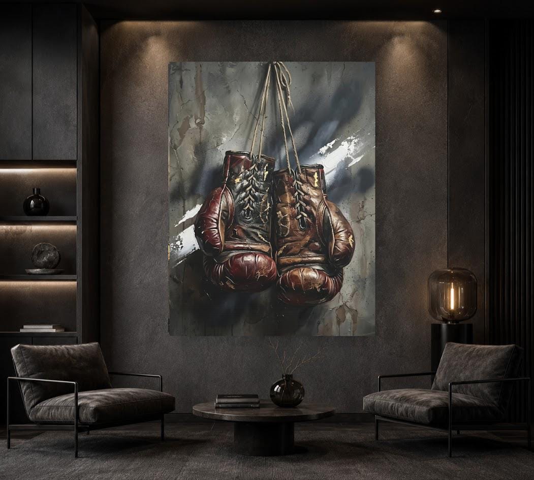 Vintage Boxing Gloves Wall Art, Dark Fighter Canvas Print, Man Cave Sports Artwork — Framed Print wall art
