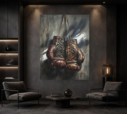 Vintage Boxing Gloves Wall Art, Dark Fighter Canvas Print, Man Cave Sports Artwork — Framed Print wall art