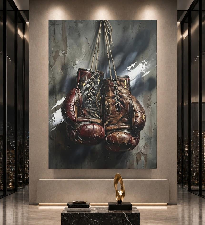 Vintage Boxing Gloves Wall Art, Dark Fighter Canvas Print, Man Cave Sports Artwork — Poster wall art
