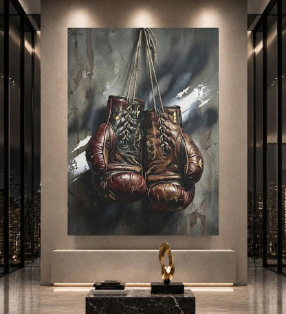 Vintage Boxing Gloves Wall Art, Dark Fighter Canvas Print, Man Cave Sports Artwork — Poster wall art