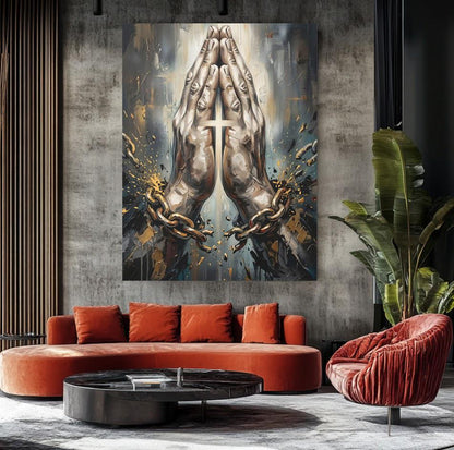 Praying Hands Canvas Wall Art, Chain Breaker Christian Print for Church or Prayer Room — Framed Print wall art