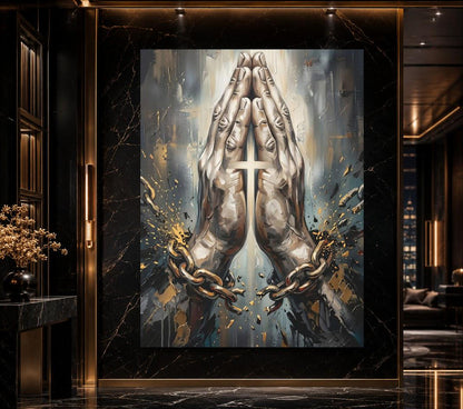 Praying Hands Canvas Wall Art, Chain Breaker Christian Print for Church or Prayer Room — Framed Print wall art