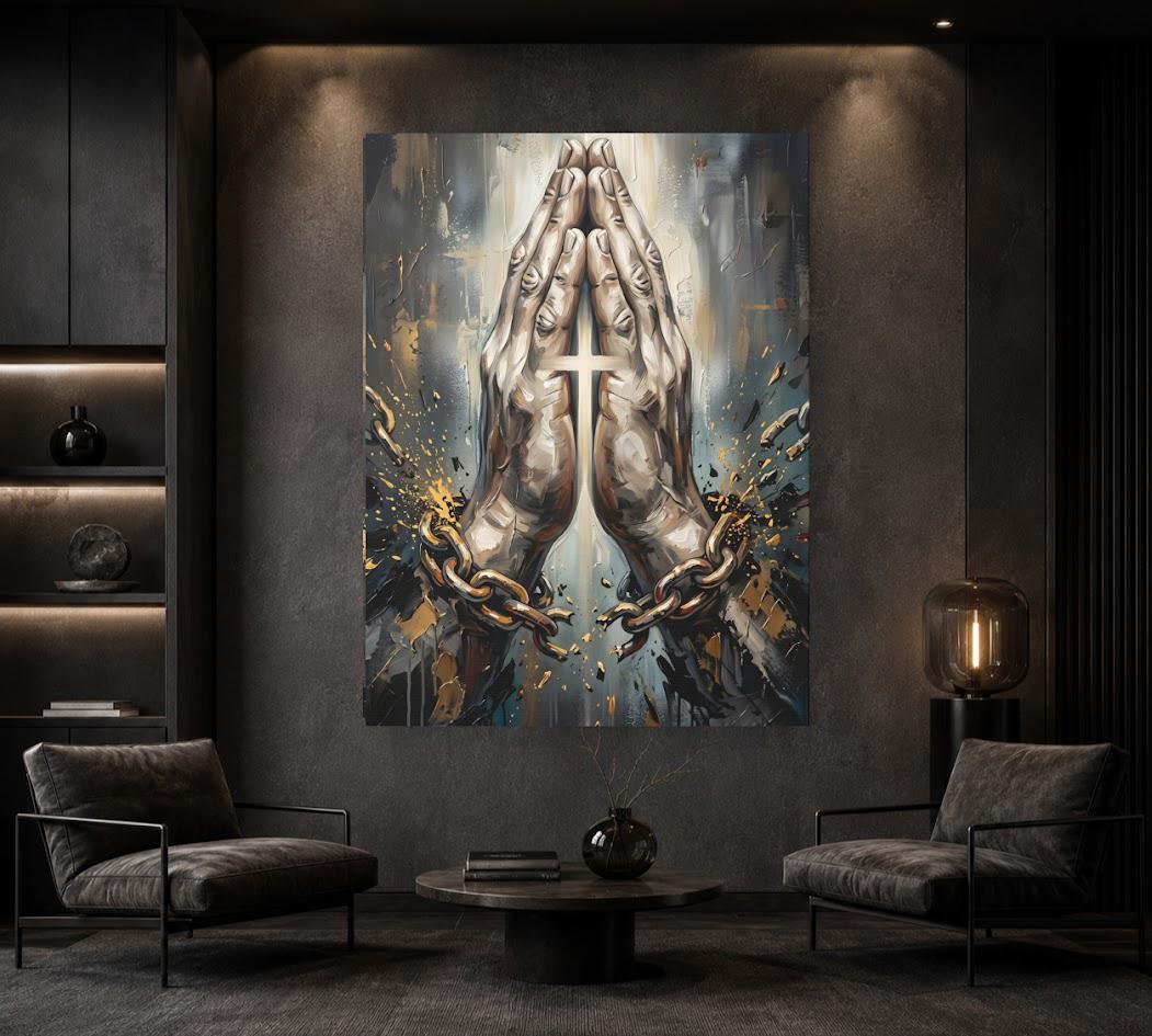 Praying Hands Canvas Wall Art, Chain Breaker Christian Print for Church or Prayer Room — Framed Print wall art