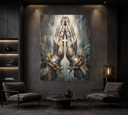 Praying Hands Canvas Wall Art, Chain Breaker Christian Print for Church or Prayer Room — Framed Print wall art