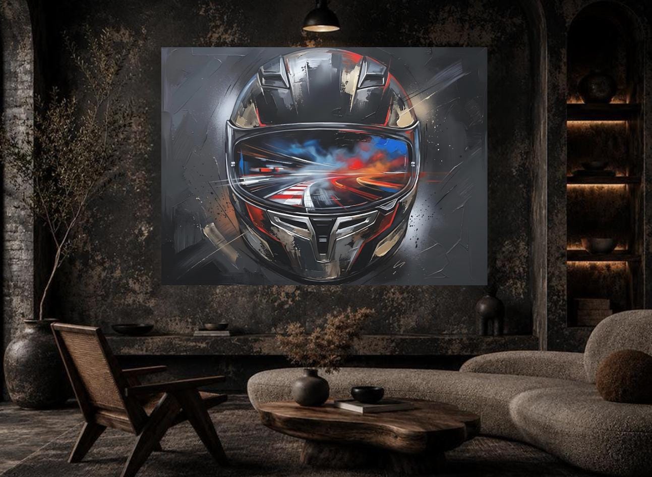 Motorcycle Helmet Canvas Wall Art, Racing Motorsport Print for Garage or Man Cave — Framed Print wall art