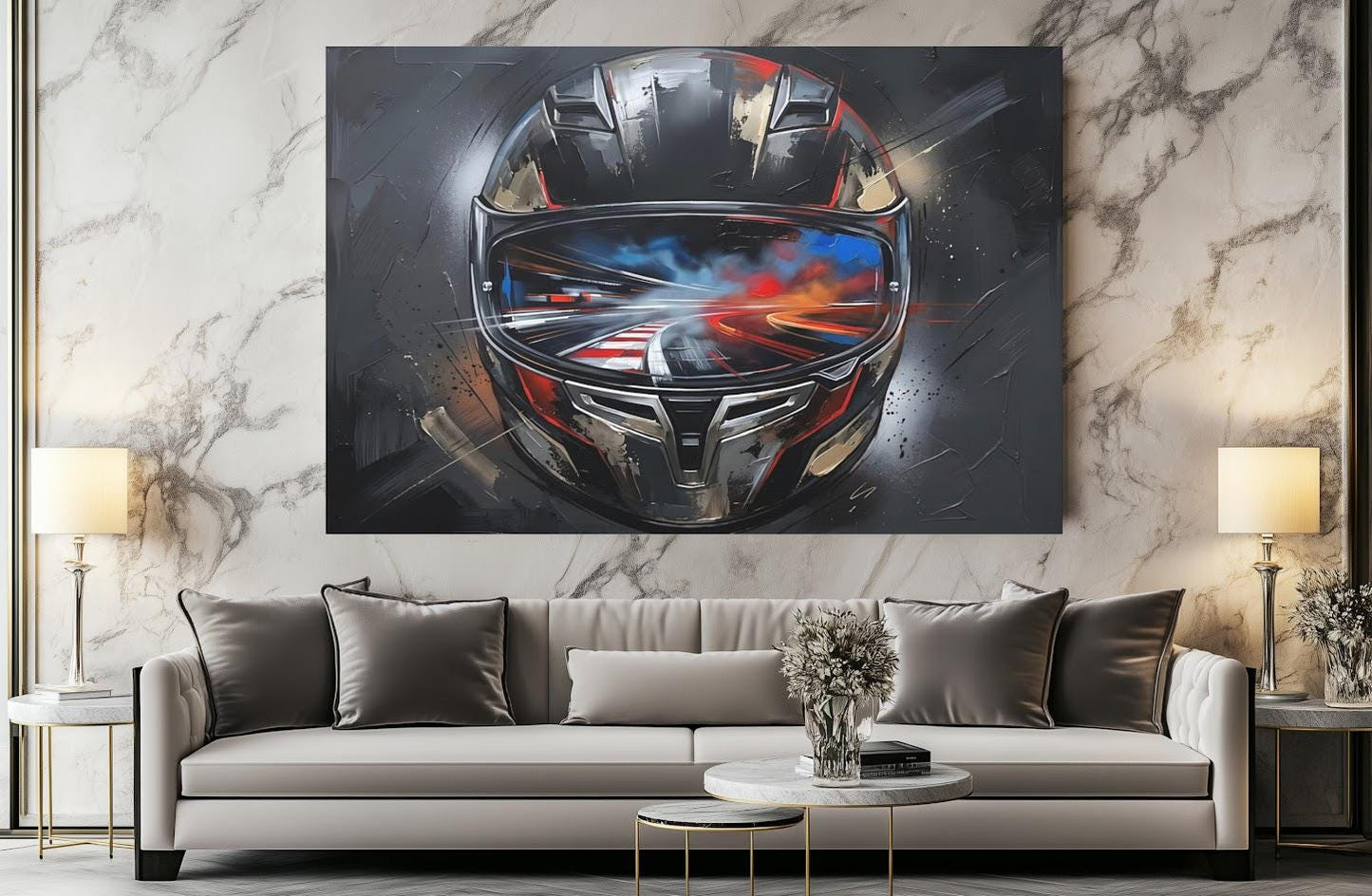 Motorcycle Helmet Canvas Wall Art, Racing Motorsport Print for Garage or Man Cave — Framed Print wall art