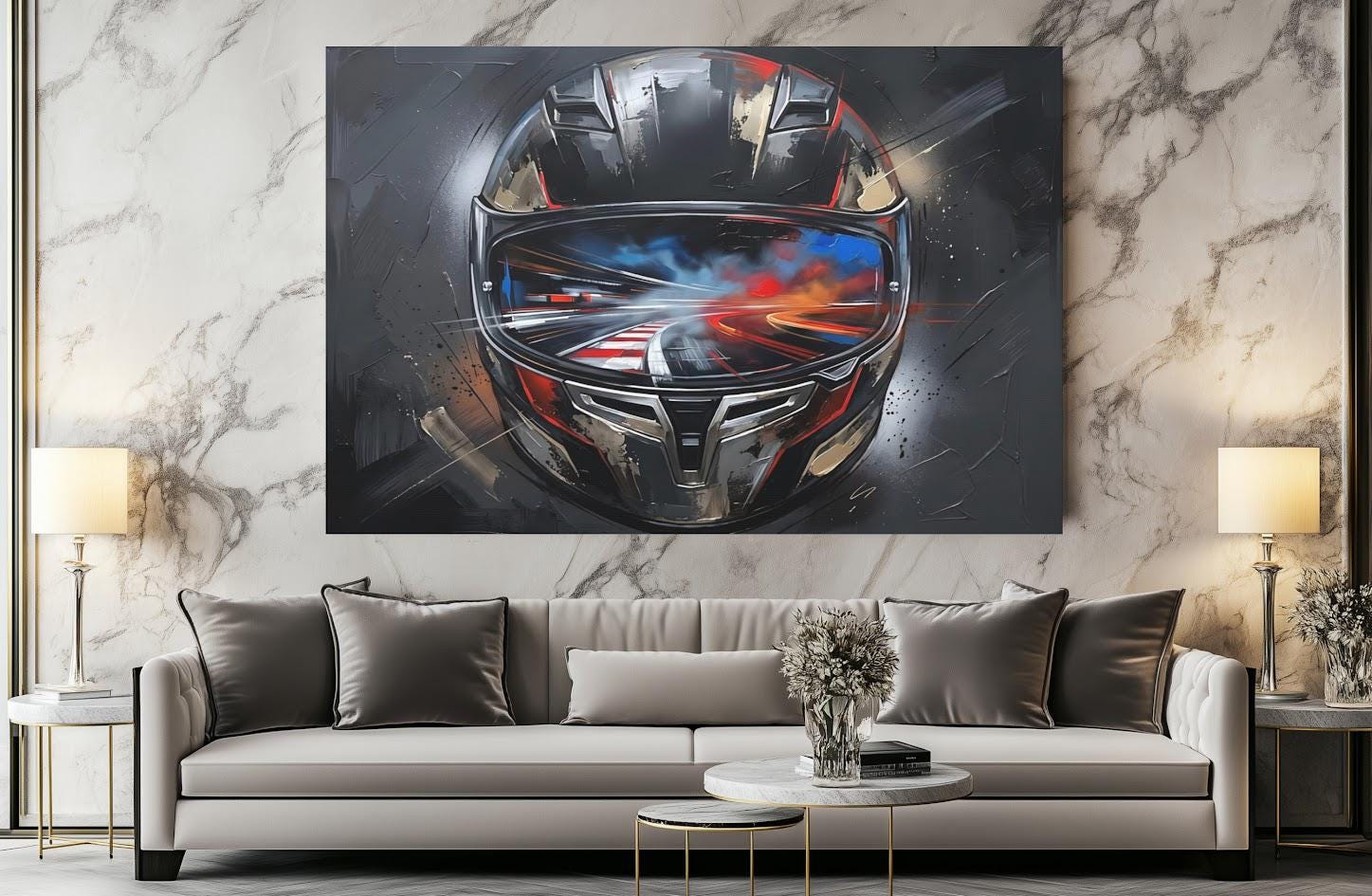 Motorcycle Helmet Canvas Wall Art, Racing Motorsport Print for Garage or Man Cave — Framed Print wall art