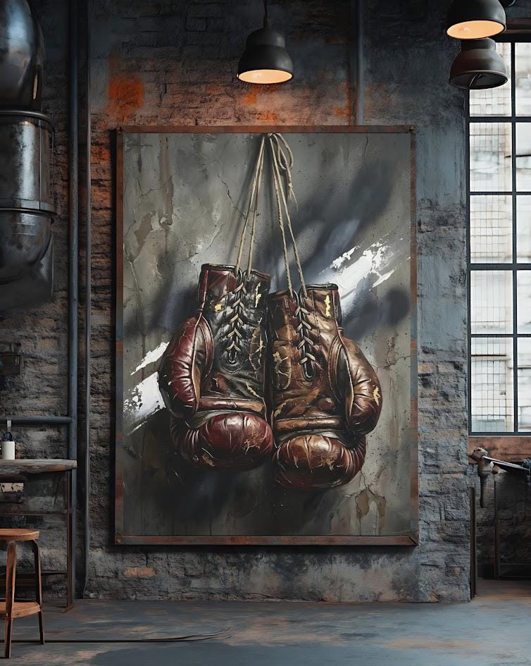 Vintage Boxing Gloves Wall Art, Dark Fighter Canvas Print, Man Cave Sports Artwork — Framed Print wall art