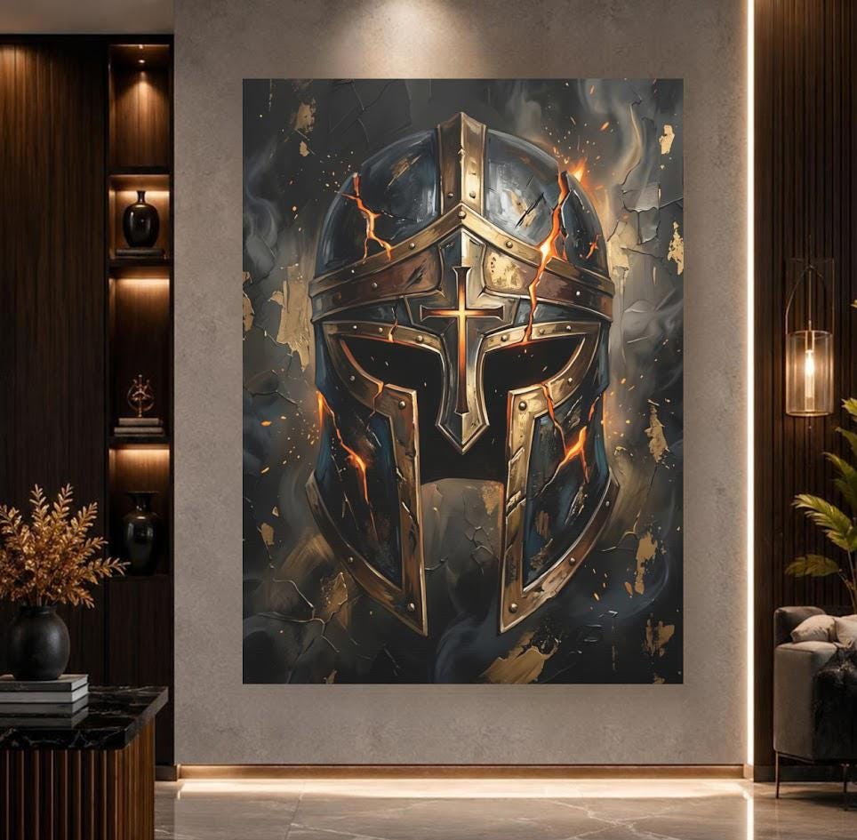 Armor of God Canvas Wall Art, Christian Warrior Helmet Print for Masculine Faith Office or Man Cave — Poster wall art