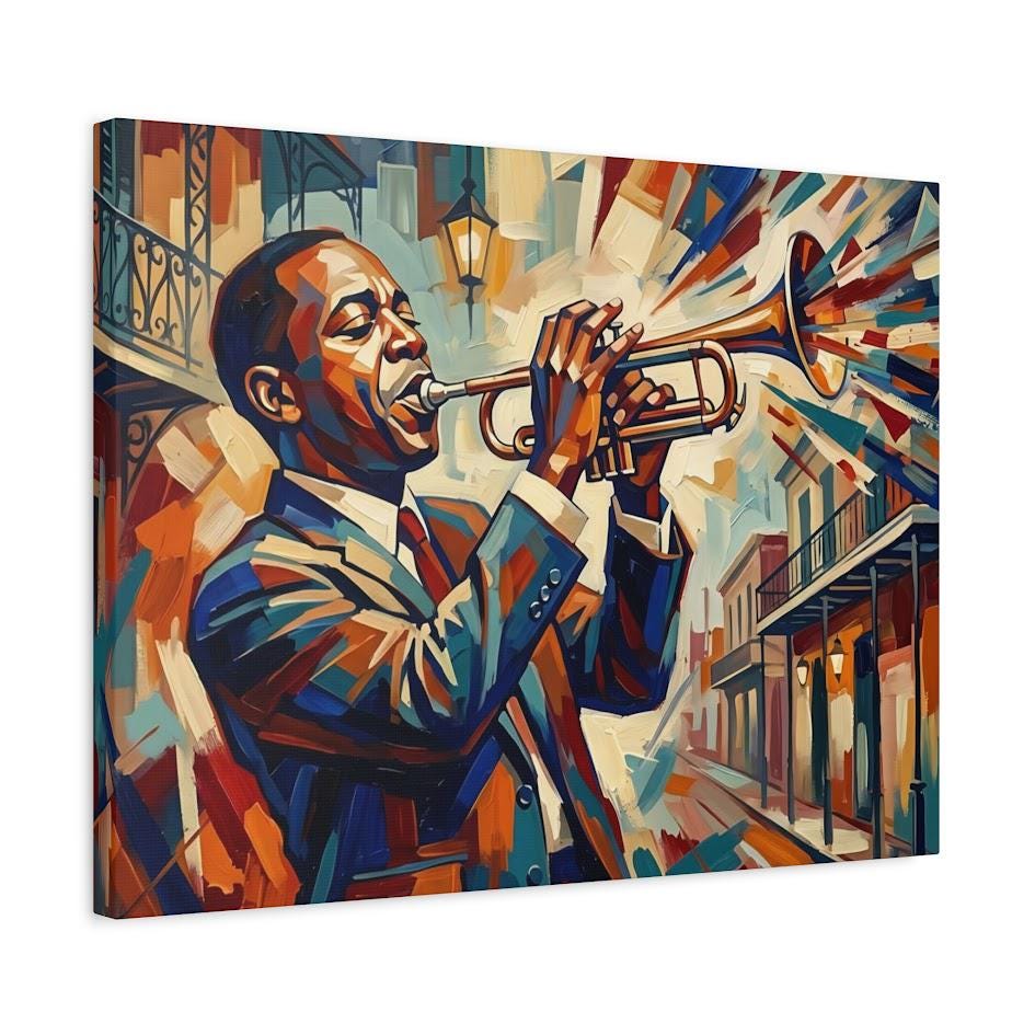 New Orleans Jazz Canvas Wall Art, Colorful Abstract Trumpet Print for Home Bar or Lounge — Canvas wall art