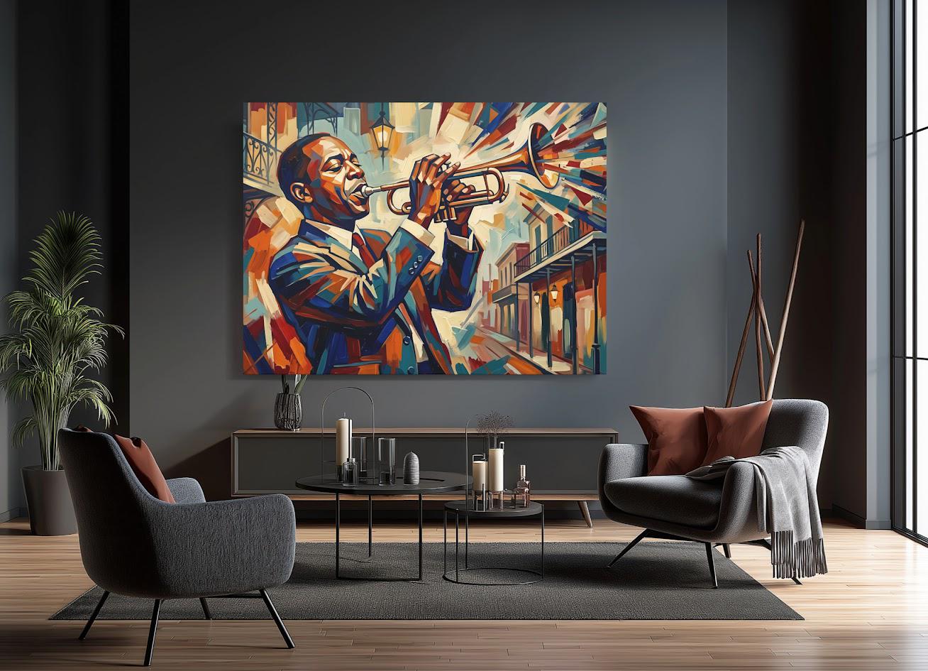 New Orleans Jazz Canvas Wall Art, Colorful Abstract Trumpet Print for Home Bar or Lounge — Framed Print wall art