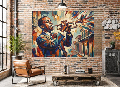 New Orleans Jazz Canvas Wall Art, Colorful Abstract Trumpet Print for Home Bar or Lounge — Framed Print wall art