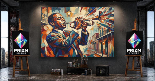 New Orleans Jazz Canvas Wall Art, Colorful Abstract Trumpet Print for Home Bar or Lounge — Poster wall art