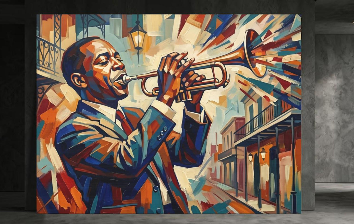 New Orleans Jazz Canvas Wall Art, Colorful Abstract Trumpet Print for Home Bar or Lounge — Framed Print wall art