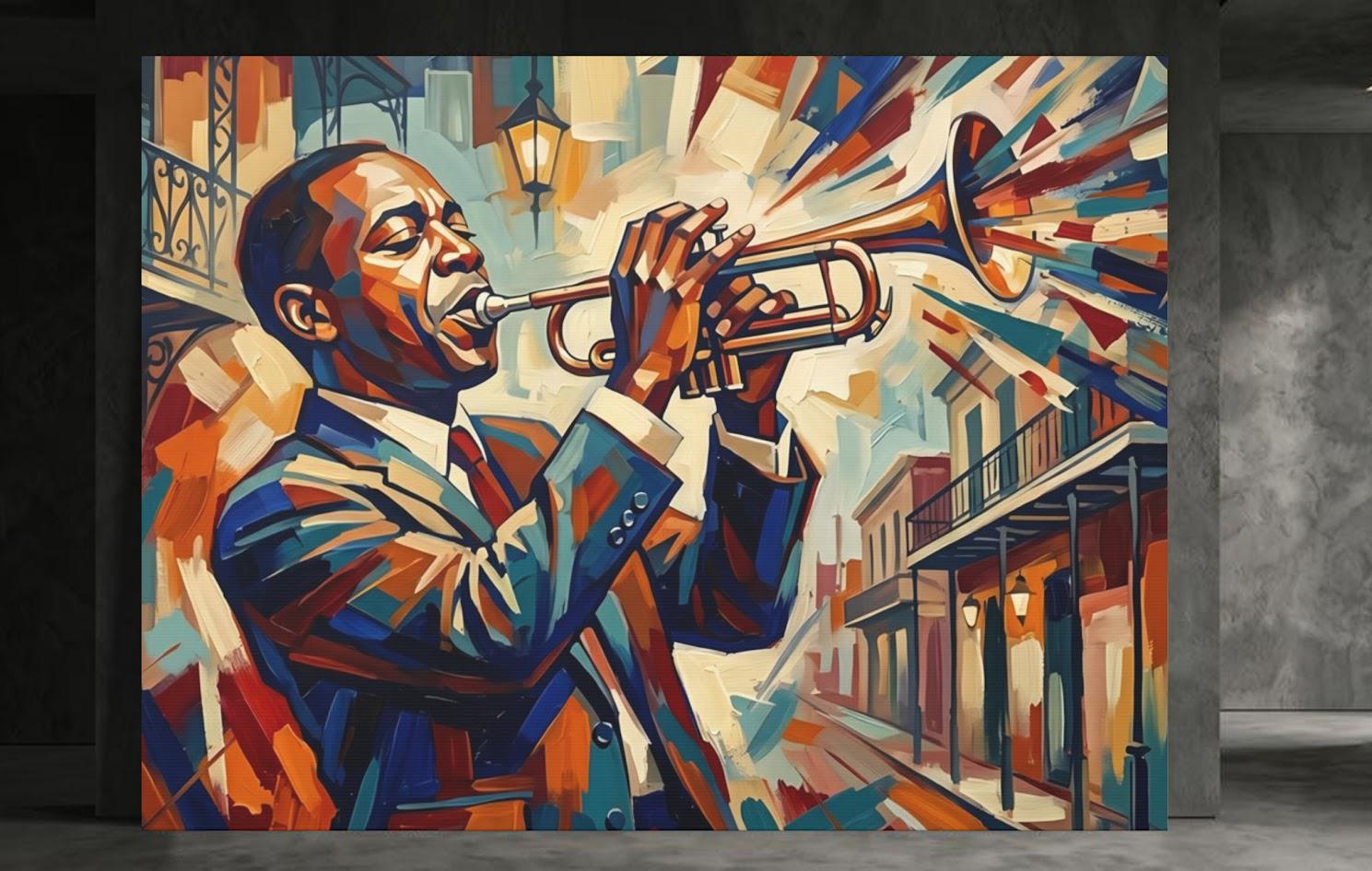 New Orleans Jazz Canvas Wall Art, Colorful Abstract Trumpet Print for Home Bar or Lounge — Framed Print wall art