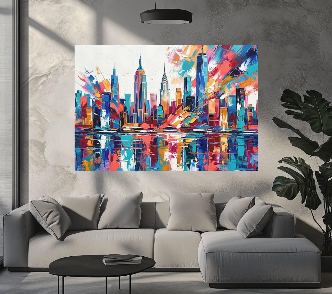 New York City Skyline Canvas Wall Art, Colorful Abstract Cityscape Print for Modern Office or Apartment — Framed Print wall