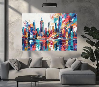 New York City Skyline Canvas Wall Art, Colorful Abstract Cityscape Print for Modern Office or Apartment — Framed Print wall