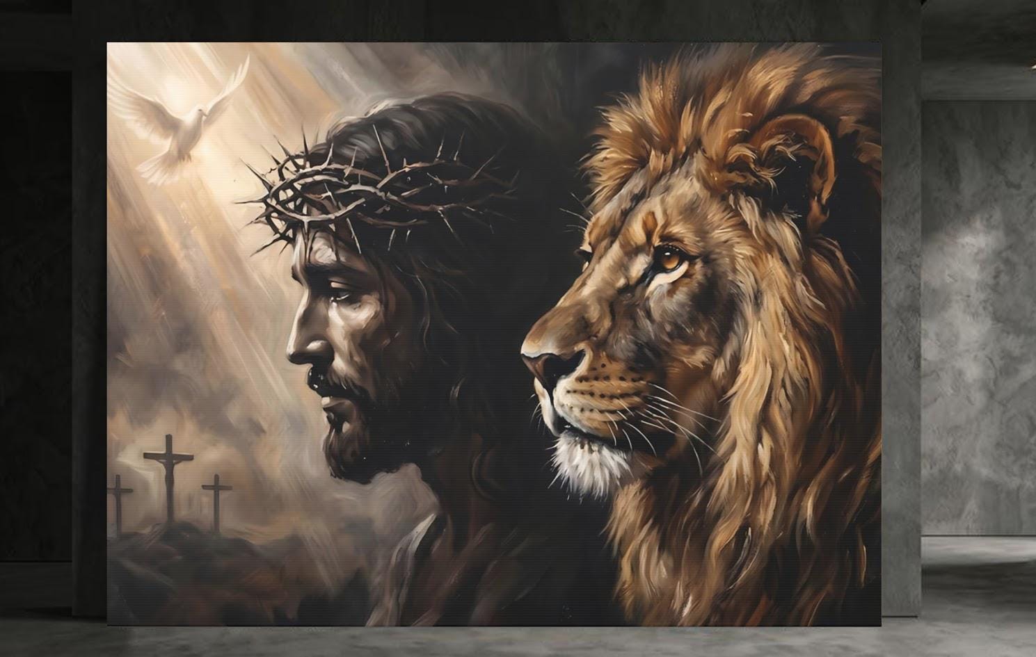 Lion of Judah Canvas Wall Art, Jesus and Lion Christian Print for Modern Home or Office — Framed Print wall art