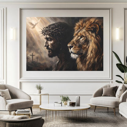 Lion of Judah Canvas Wall Art, Jesus and Lion Christian Print for Modern Home or Office — Framed Print wall art