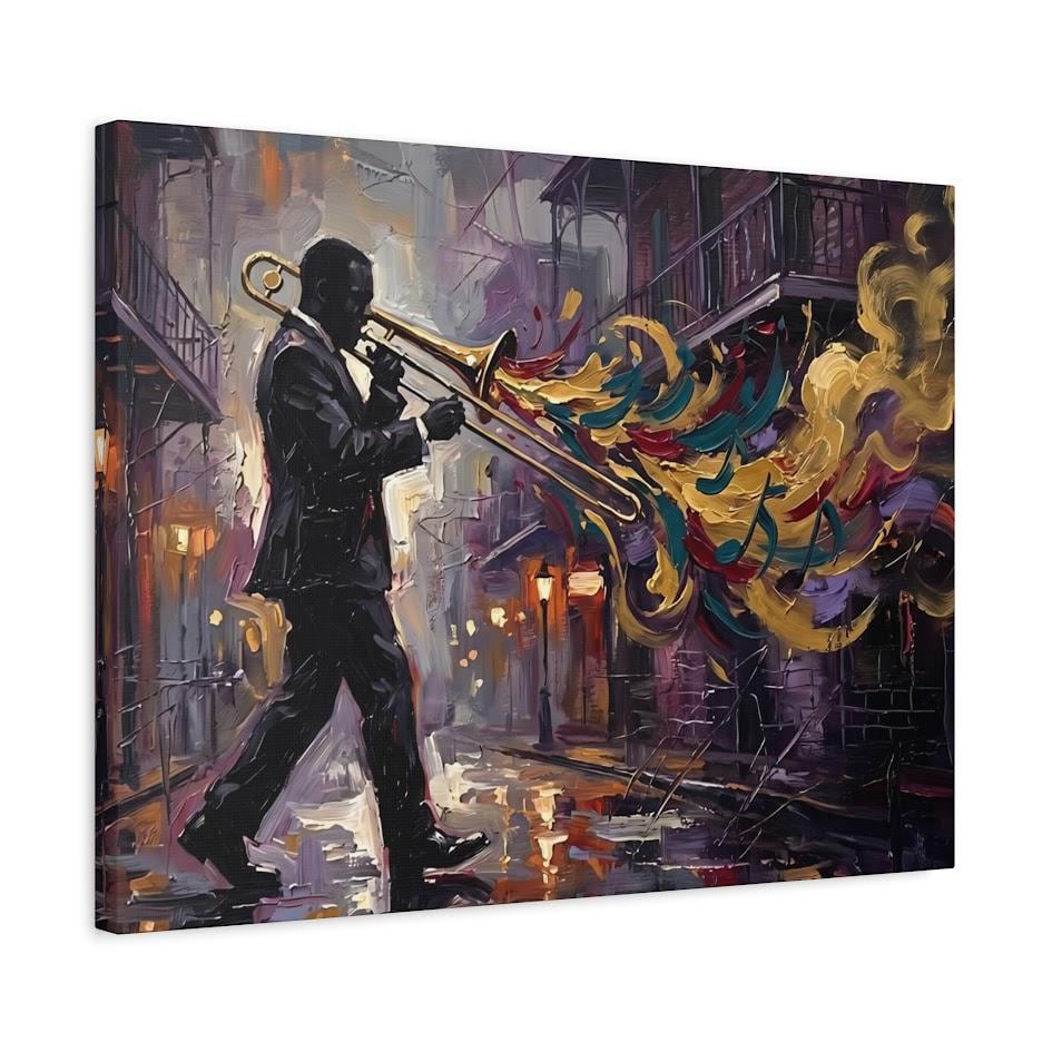 New Orleans Jazz Canvas Wall Art, Colorful Trombone Player Print for Home Bar or Lounge — Canvas wall art