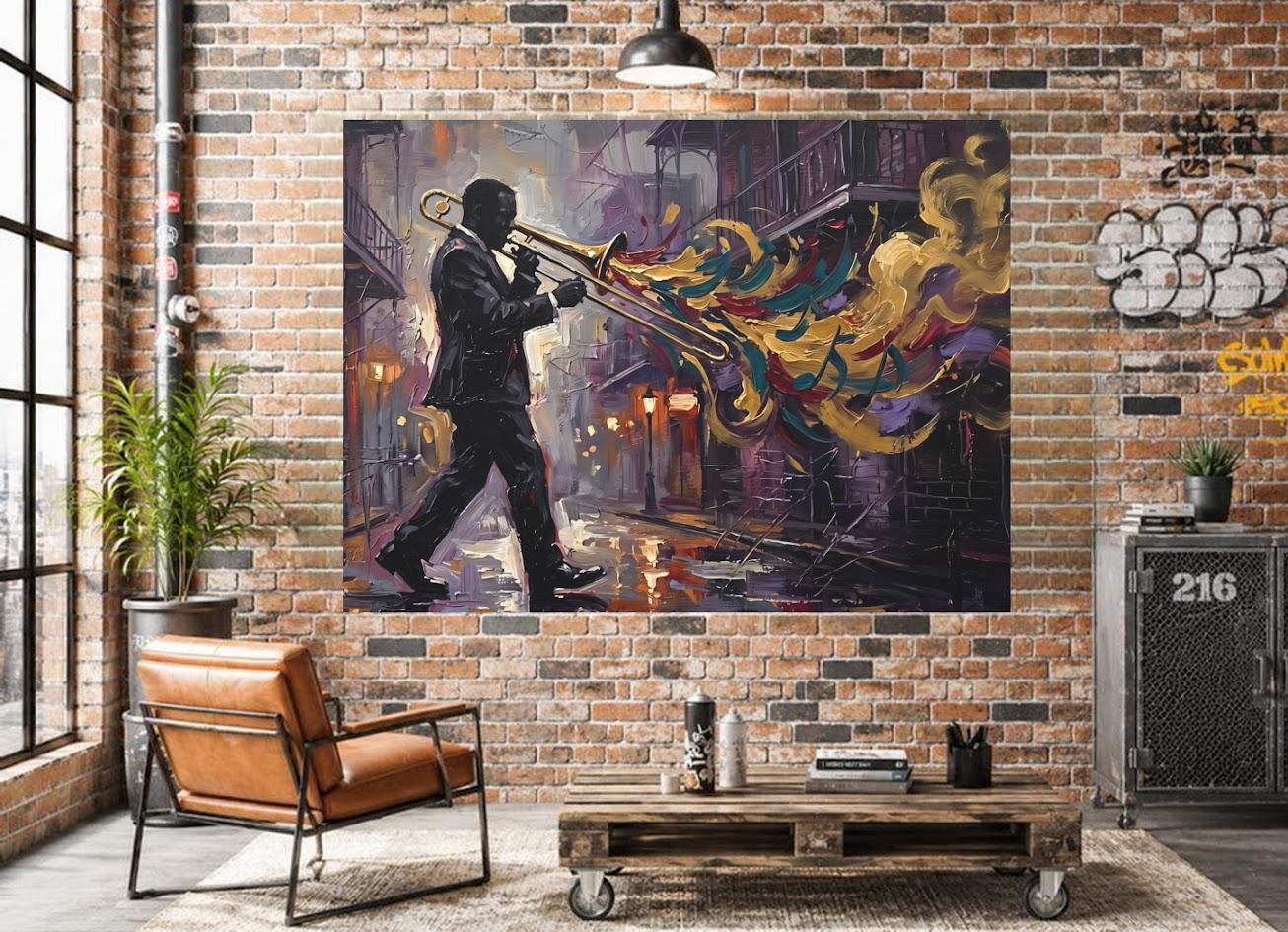 New Orleans Jazz Canvas Wall Art, Colorful Trombone Player Print for Home Bar or Lounge — Framed Print wall art