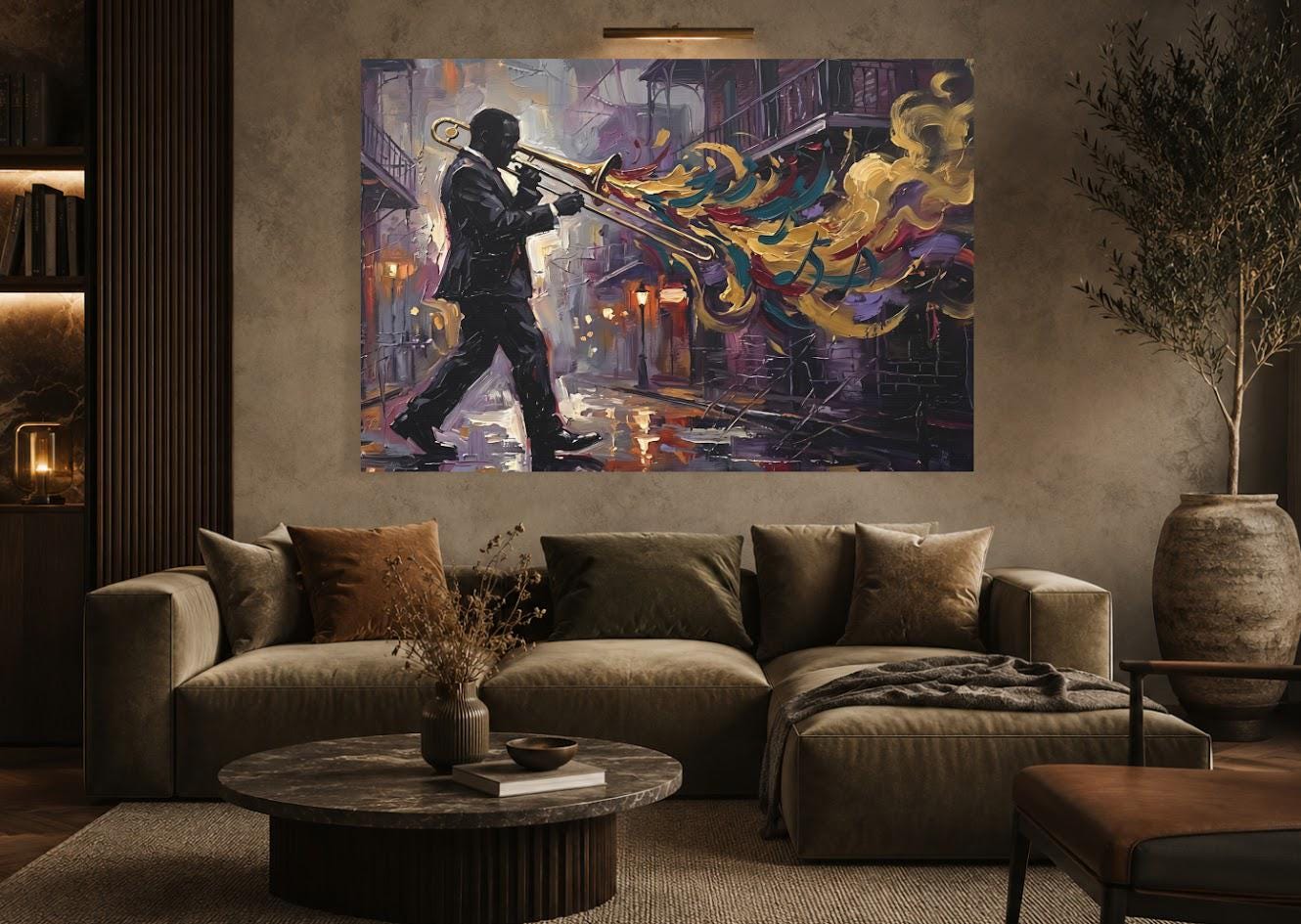New Orleans Jazz Canvas Wall Art, Colorful Trombone Player Print for Home Bar or Lounge — Framed Print wall art
