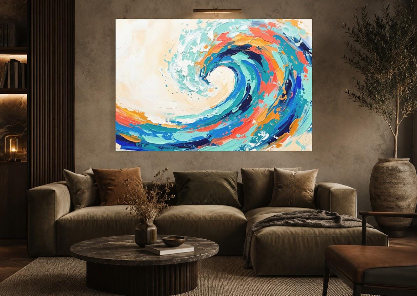 Ocean Wave Canvas Wall Art, Colorful Abstract Coastal Print for Modern Beach House or Living Room — Framed Print wall art