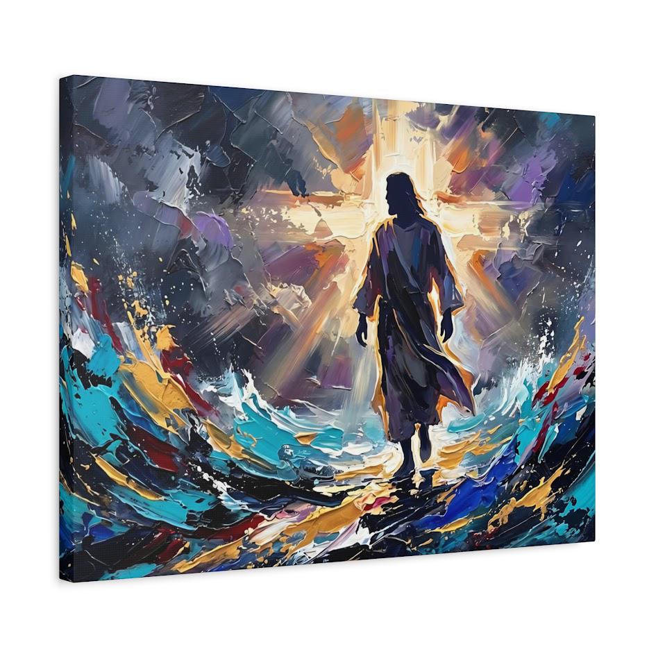 Jesus Walking on Water Canvas Wall Art, Colorful Abstract Christian Print for Modern Home or Prayer Room — Canvas wall art