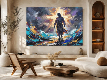 Jesus Walking on Water Canvas Wall Art, Colorful Abstract Christian Print for Modern Home or Prayer Room — Framed Print wall