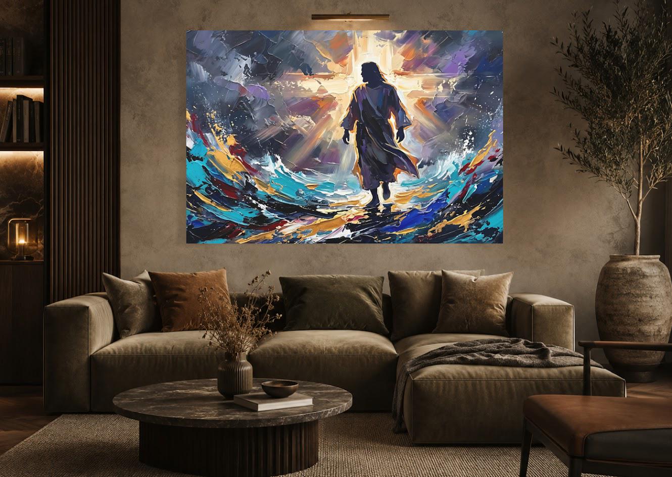 Jesus Walking on Water Canvas Wall Art, Colorful Abstract Christian Print for Modern Home or Prayer Room — Framed Print wall