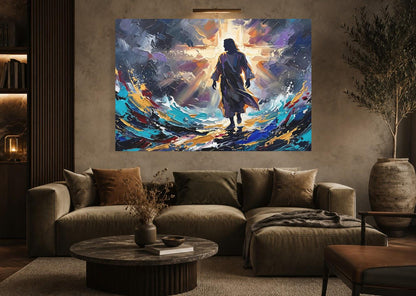 Jesus Walking on Water Canvas Wall Art, Colorful Abstract Christian Print for Modern Home or Prayer Room — Framed Print wall