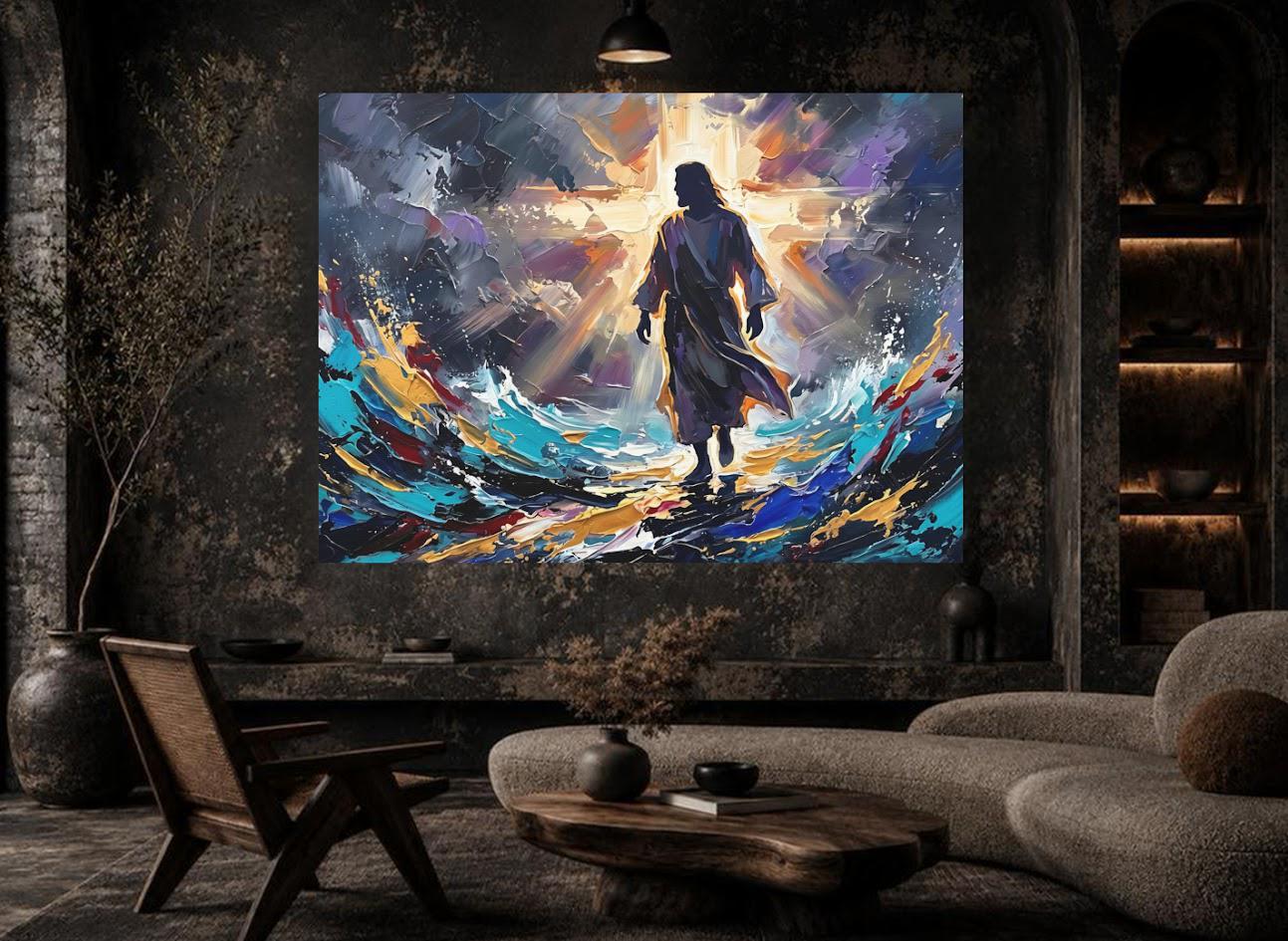 Jesus Walking on Water Canvas Wall Art, Colorful Abstract Christian Print for Modern Home or Prayer Room — Framed Print wall